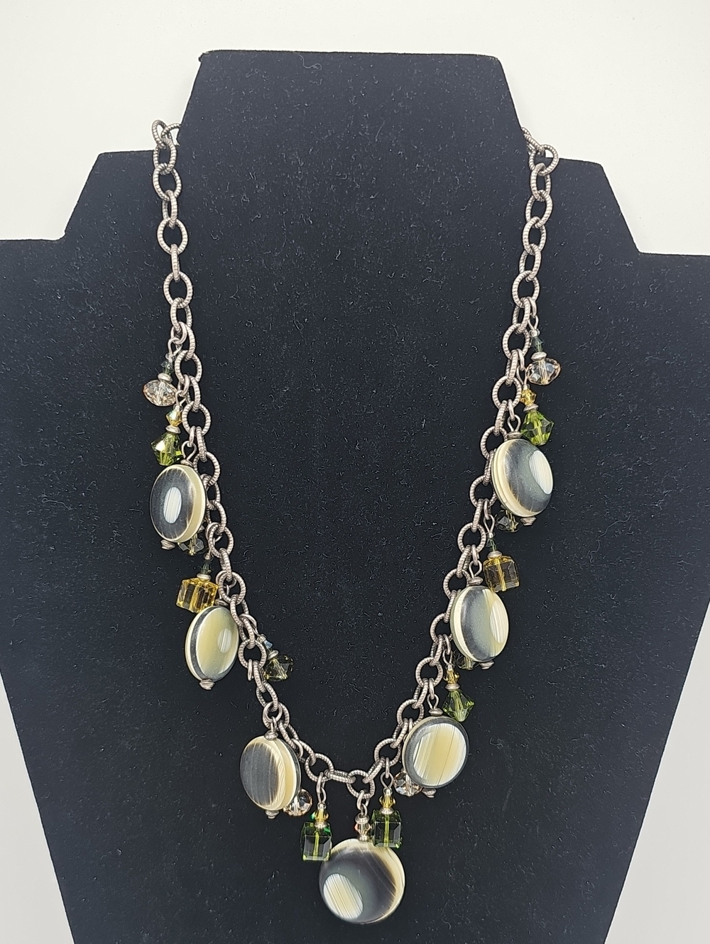 Lorrren Bell Elegant Olive Green Cabochon Disk Beads W/Gr Crystal Beads.